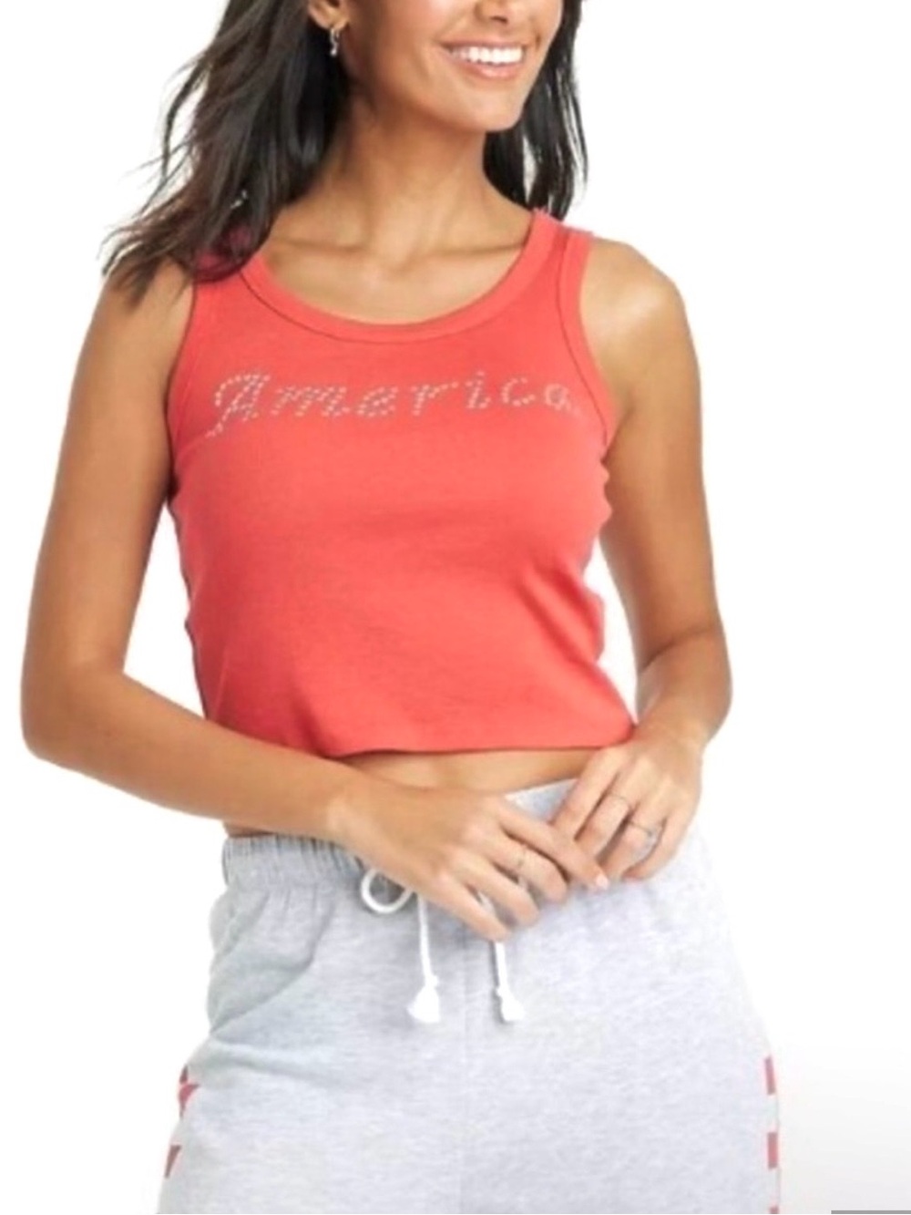 Grayson Threads Red Sleeveless Cropped Tank Top with StarsEmbellished 'America